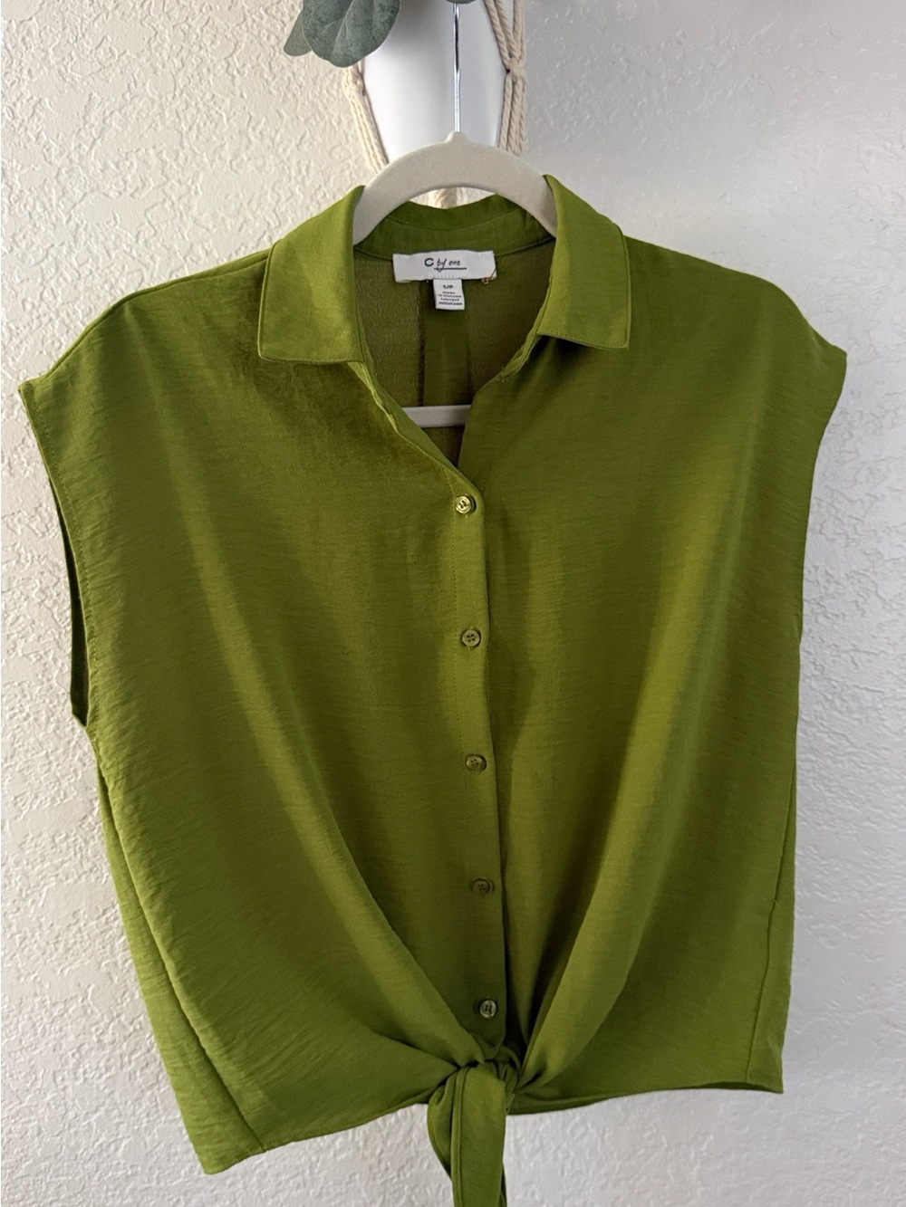 Olivia Moon Olive Green Button-Front Tie Hem Blouse